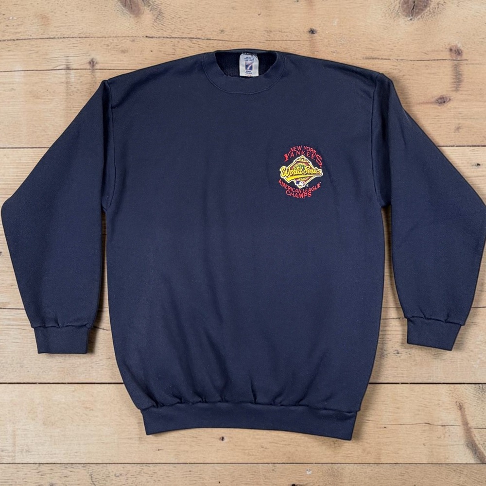 VTG Logo7 NY Yankees Sweatshirt Men XL (Fits L) Navy 1996 World Series AL Champs